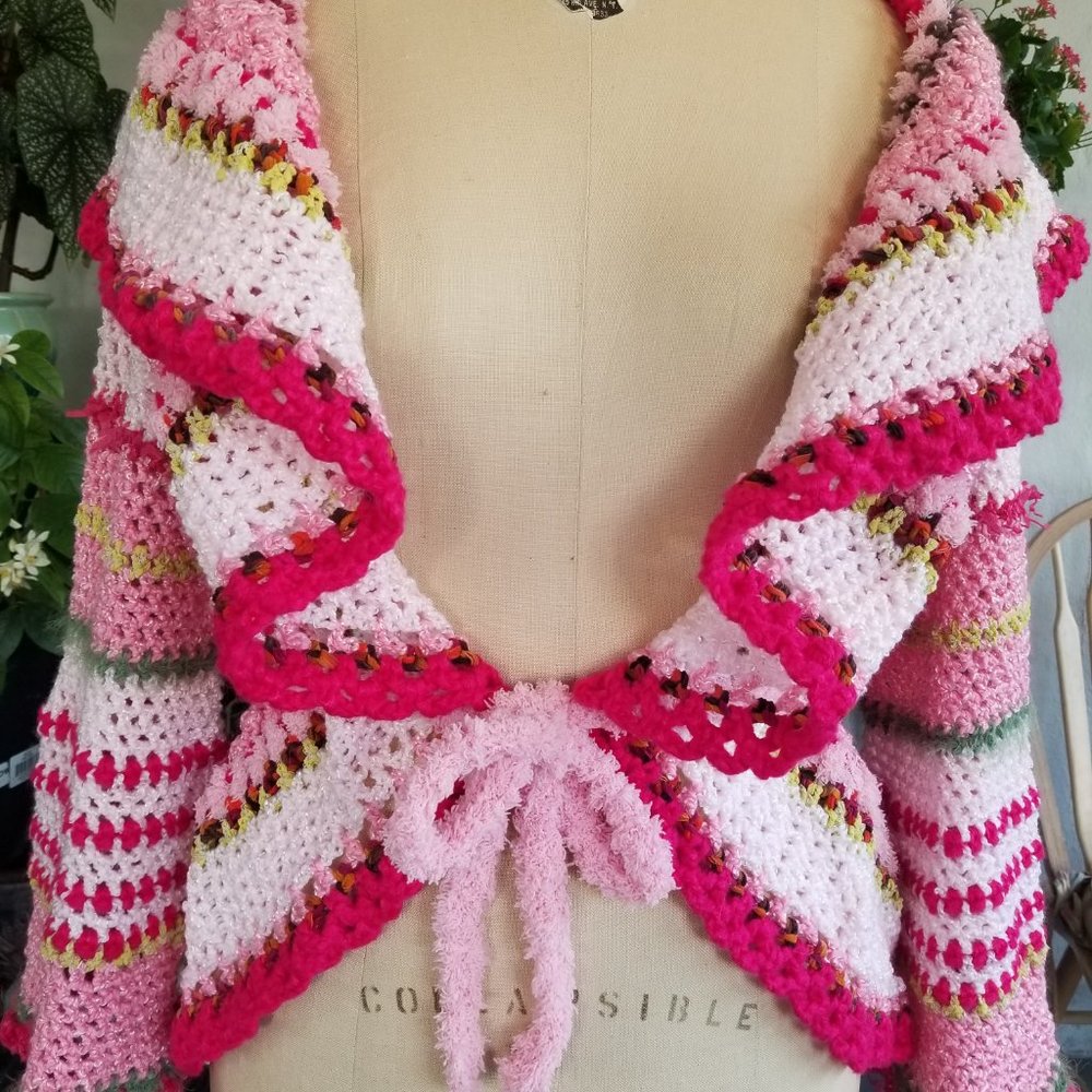 Crochet Pink MANDALA BOHO BOHEMIAN Chic Handmade Sweater MED